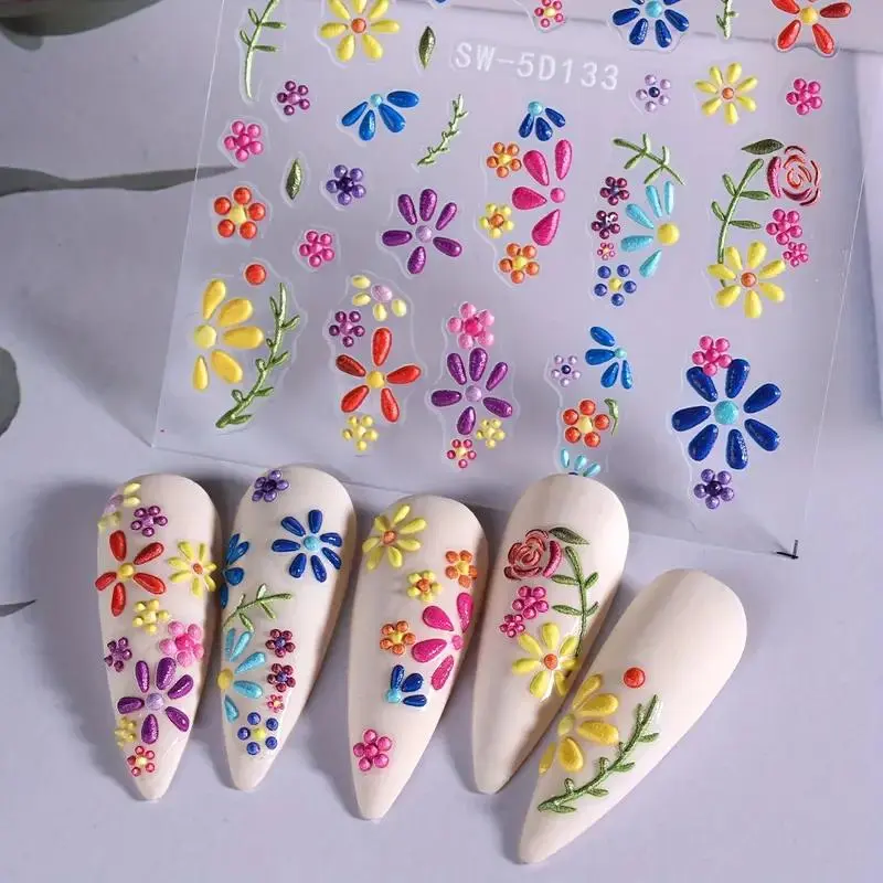 5D Flower Pattern Nail Art Sticker, 3 Sheets Colorful Self Adhesive Nail Decals, DIY Nail Art Decoration for Women & Girls, Nail Art Accessories, Nail Art Products