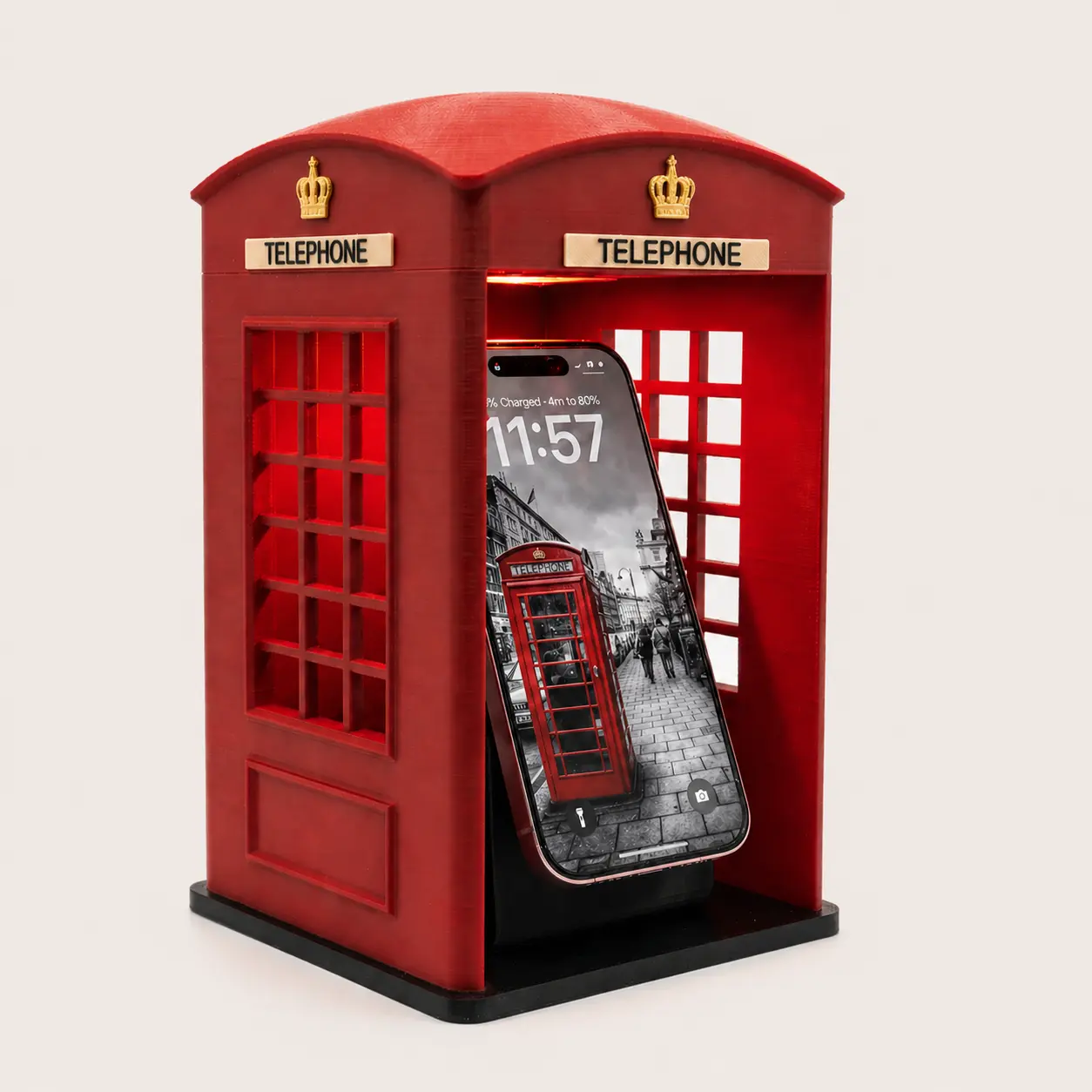 Vintage London Phone Booth Phone Stand with Color-Changing LED Night Light