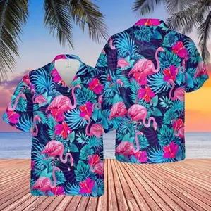 Love Flamingo Hawaiian Shirt, Pink Flamingo Style Tropical Short Sleeve Shirt, Summer Aloha Button Down Shirt, Gift for Him or Her