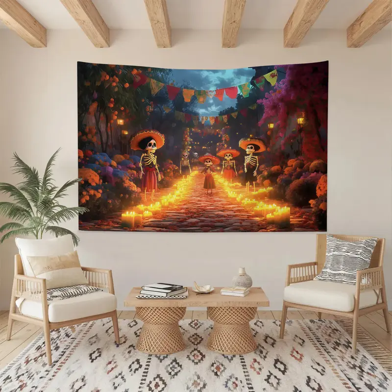 Floral Catrina Day of the Dead Tapestry, Colorful Sugar Skull Wall ...