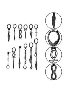 OIDEA 12 Pcs Hoop Dangle Earrings Set Stainless Steel Hinged Hoop Cross Infinity Feather Chain Earrings for Men Women Black