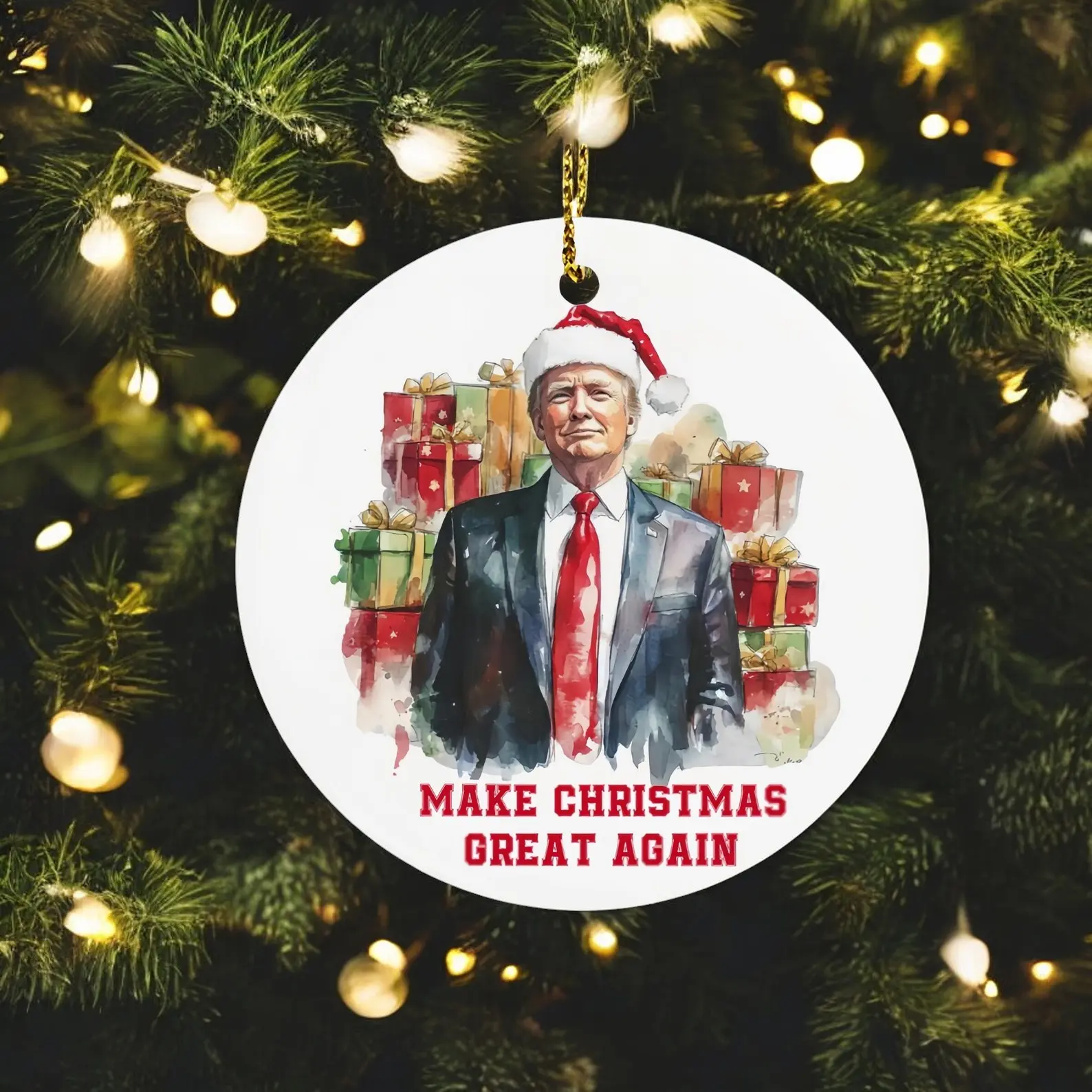Make America Great Again TrVmp Santa Christmas Ornament - High-quality White Ceramic with Hanging String - MAGA Christmas Ornament