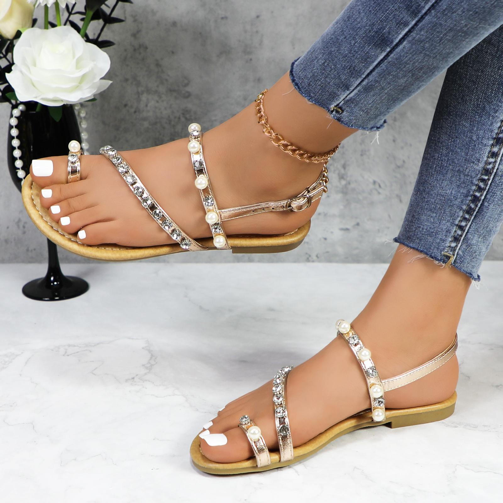 Women Lovely Pearl Strappy Open Toe Flat Sandals Ankle Strap Toe Ring Comfortable Summer Beach Casual Vacation Shoes