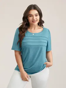 BLOOMCHIC Plus Size Lady's Basic Short-Sleeve T-Shirt - Cerulean Seamed Round Neck Regular Sleeve Top Elastic Breathable Fabric Fitted Cut Gathered Detail Casual Streetwear [M-6X] 2026 Summer Pick for Mothers 2026 Summer Vibes Minimalist Shortsleeve,summe