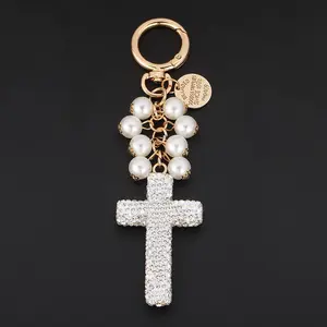 New All diamond bow string pearl Cross keychain Car key ring decoration Keychain bag decoration