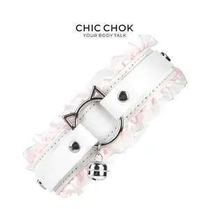 CHICCHOK [Kitty Love] Kitty Themed White Leather Adjustable Choker Necklace with Pink Lace and Bell - Cute for Lolita Style