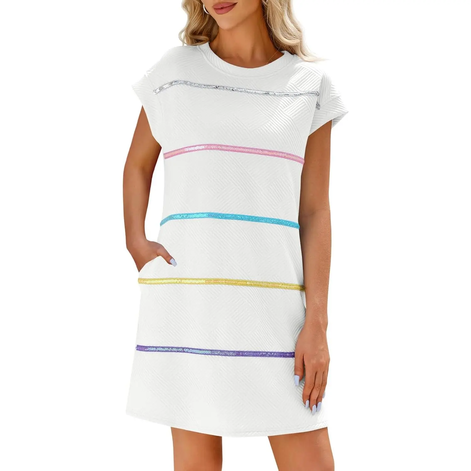 Imily Bela Womens Textured T Shirt Dress Short Sleeve Summer Casual Sequin Stripe Mini Dresses