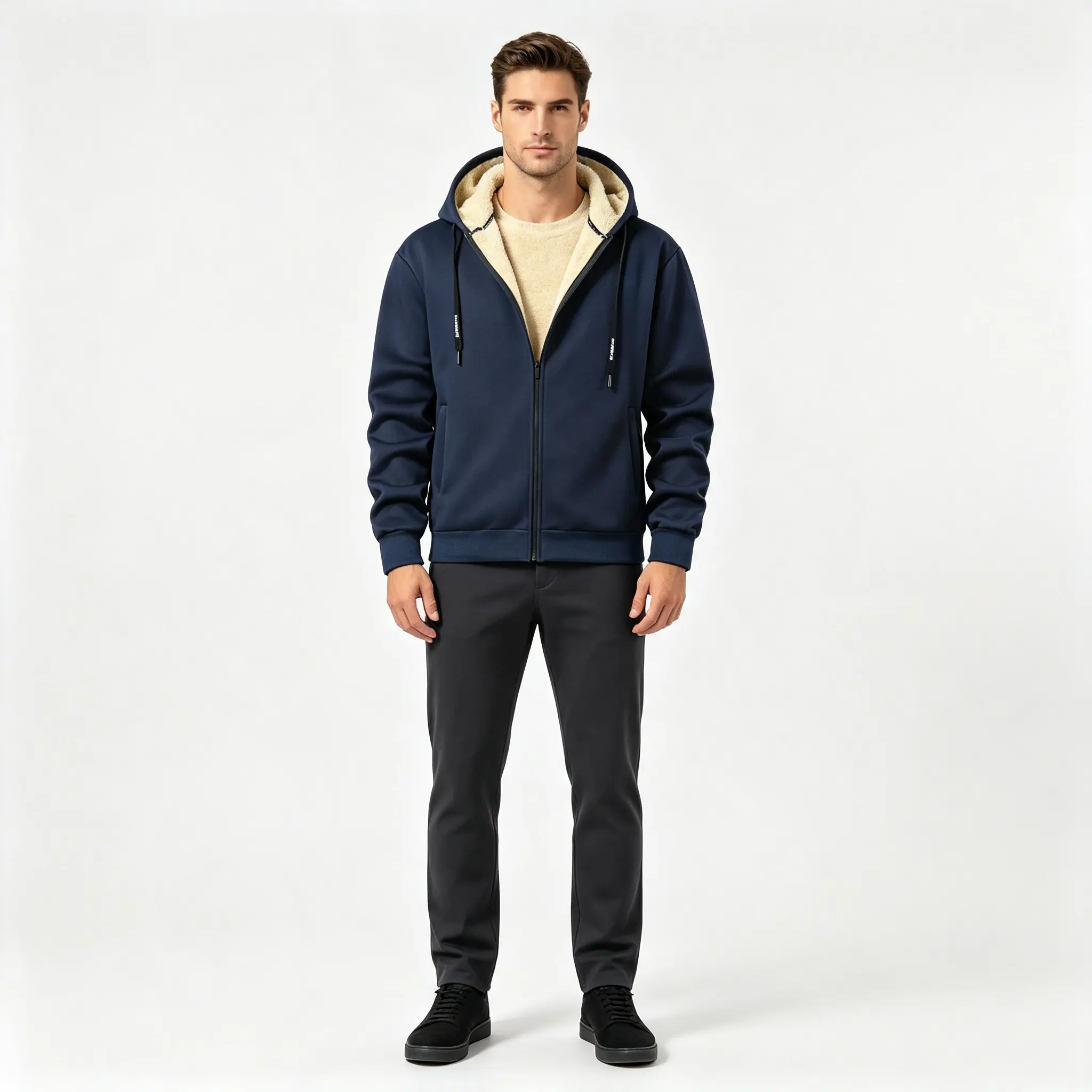 Men's 2-Piece Fleece-Lined Zip-Up Hooded Jacket Set, Casual Winter Outerwear with Pockets