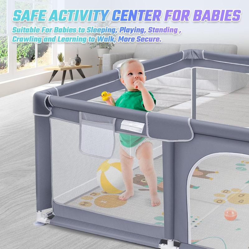 Baby Playpen with Anti-Slip Mat, Indoor&Outdoor Playard Kids Activity Center with Gate, Sturdy Safe Baby Fence for Infants & Toddlers, 2 Pull Rings for Baby Standing & Walking Learning