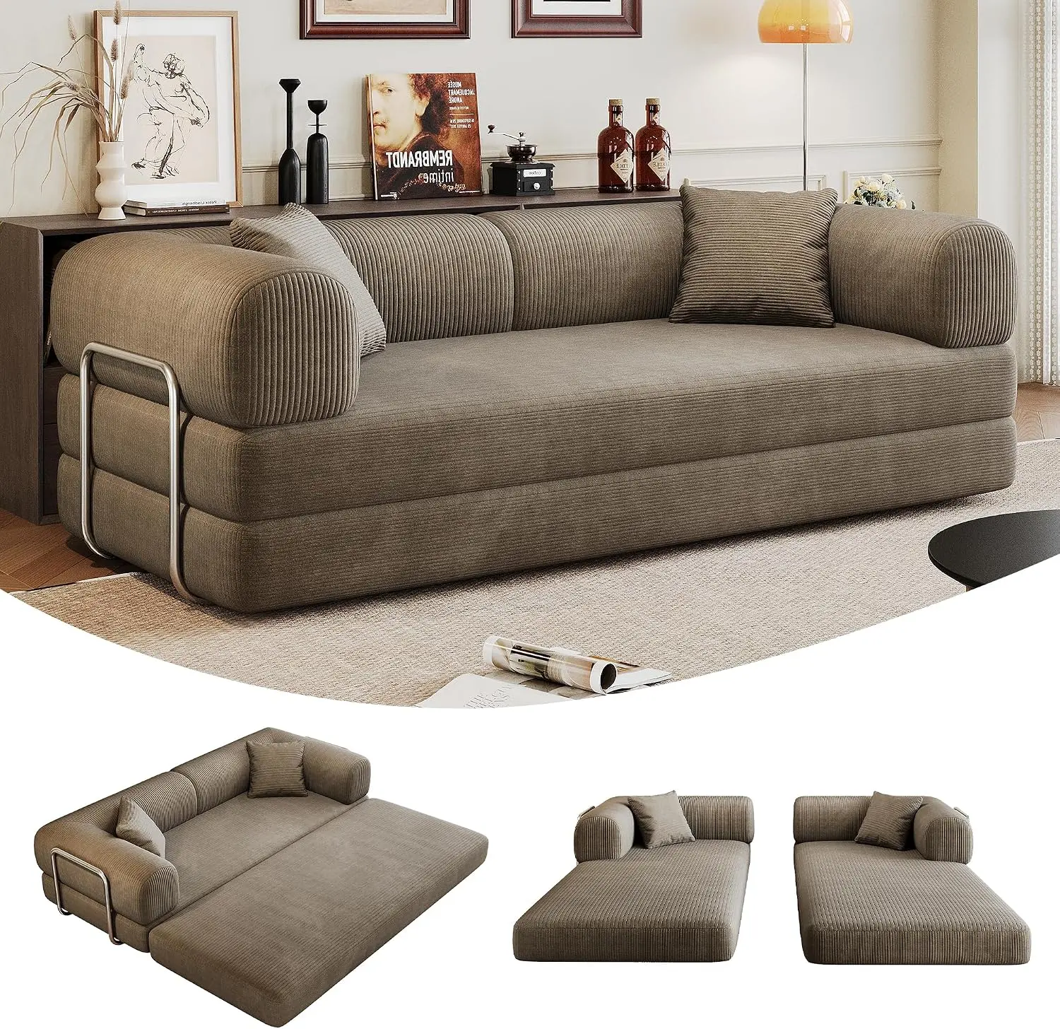 79" Oversized Boneless Couch, Corduroy Modular Sofa with Pillows, No Assembly Modern, Modern 2 Seater Convertible Small Couch with Support Rods for Living Room Bedroom Apartment