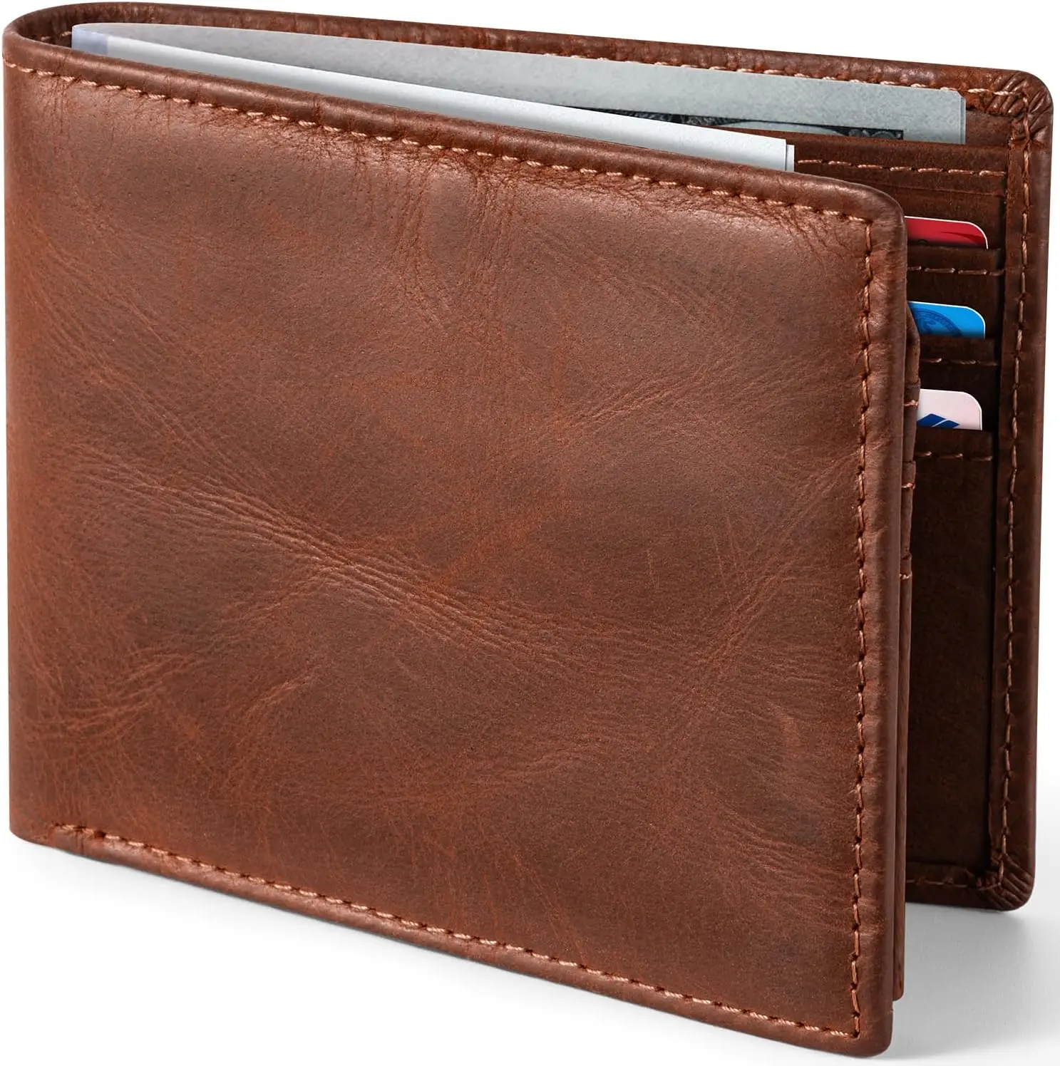 Top Grain Leather Wallet for Men Slim RFID Blocking Premium Crazy Horse Bifold Handcrafted Vintage 11Card Slots 2 ID Windows & 2 Cash Pockets Gift Box Packaging for Him (Brown)