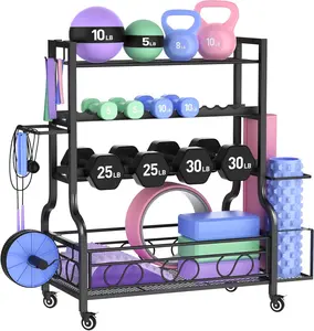 Dumbbell Weight Rack, Home Gym Storage for Kettlebells Yoga Mat and Balls, All in One Workout Storage with Wheels and Hooks, Powder Coated Finish Steel