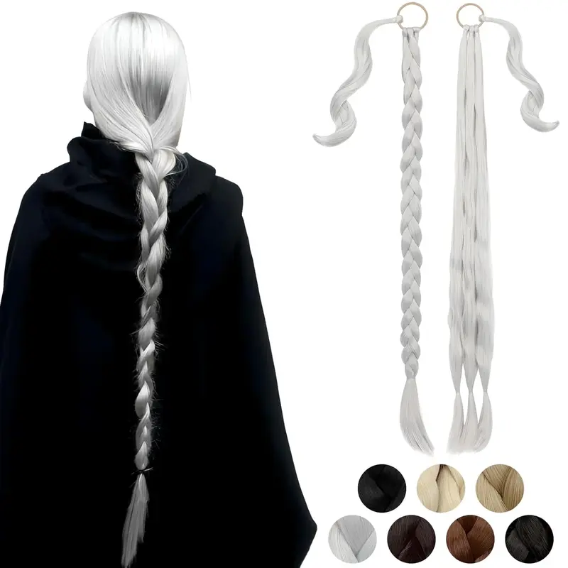 Braided Ponytail Extension 26'' 30'' DIY Long Braid Hair Extensions Ponytail with Elastic Tie Straight Wrap Around Natural Soft Synthetic Hairpiece for Women Silver Gray