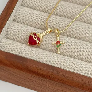 Sacred Heart Rose Cross Pendant Necklace for Women, Red Zircon Multi Charm Collarbone Chain, Romantic Faith Jewelry Gift