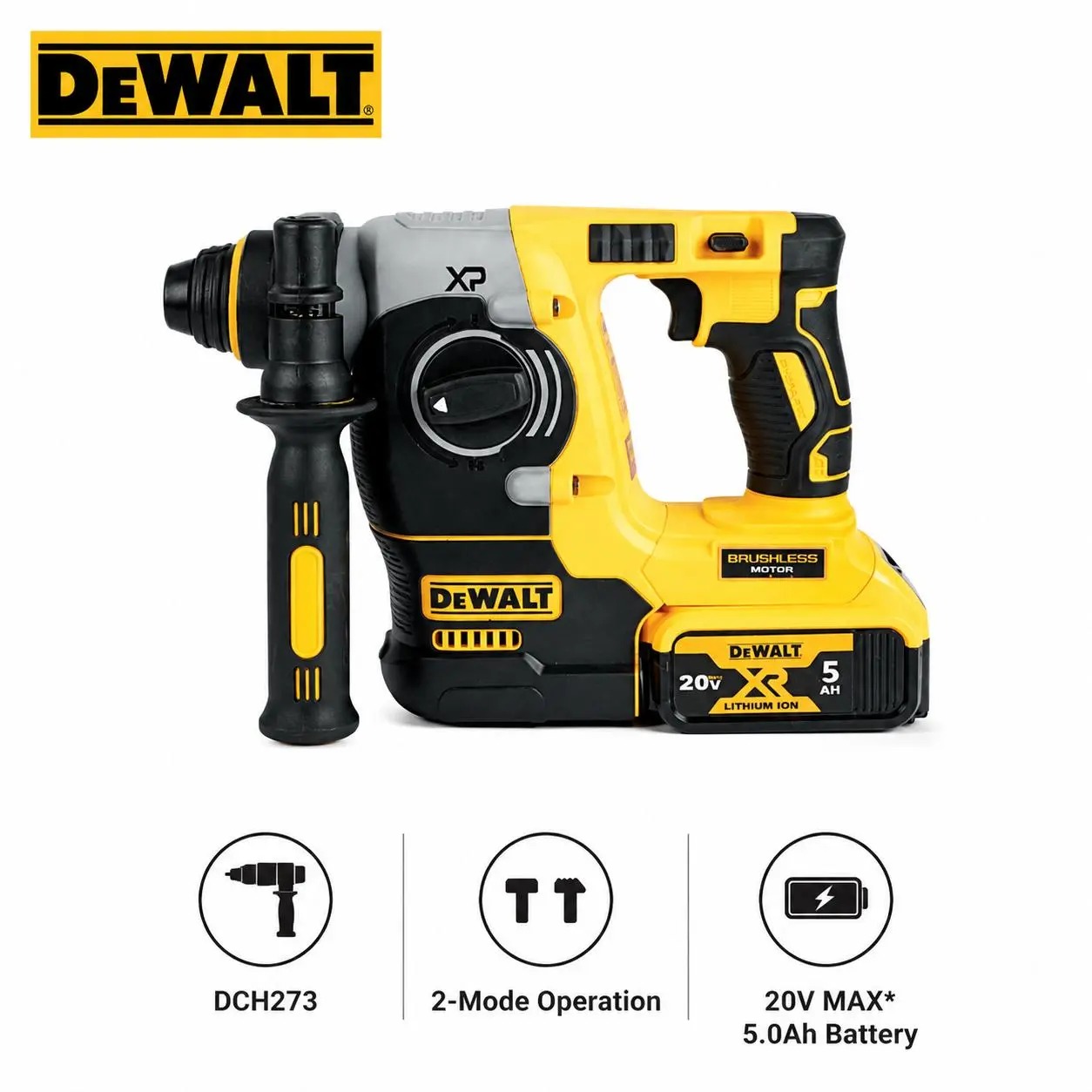 DEWALT DCH273 20V Brushless Cordless Rotary Hammer, 2.1J Anti-Vibration 2-Mode SDS Plus Drill, Wall Concrete Anchoring Chipping Tool, For Professional Contractors & Outdoor Construction Work
