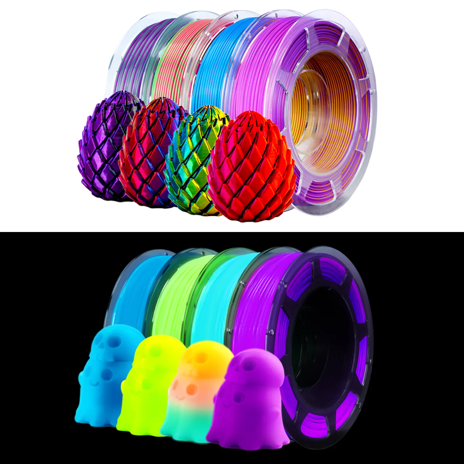 Glow-in-the-Dark PLA+ 3D Printer Filament, 1KG TriColor Silk PLA Filament 3D Printing Supplies, 1.75mm, +/-0.03mm Accuracy, High-Speed, Shiny & Clog-Free, 200g Spool, Fits FDM Printers, for DIY Crafts Multicolor Set