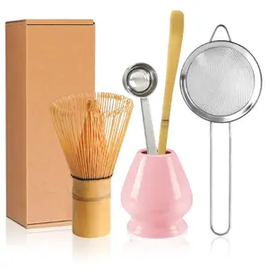 Matcha Whisk Set Matcha Making Kit Bamboo Chasen Ceramic Whisk Holder Stand Sifter Scoop Japanese Tea Tools (Solid Pink)