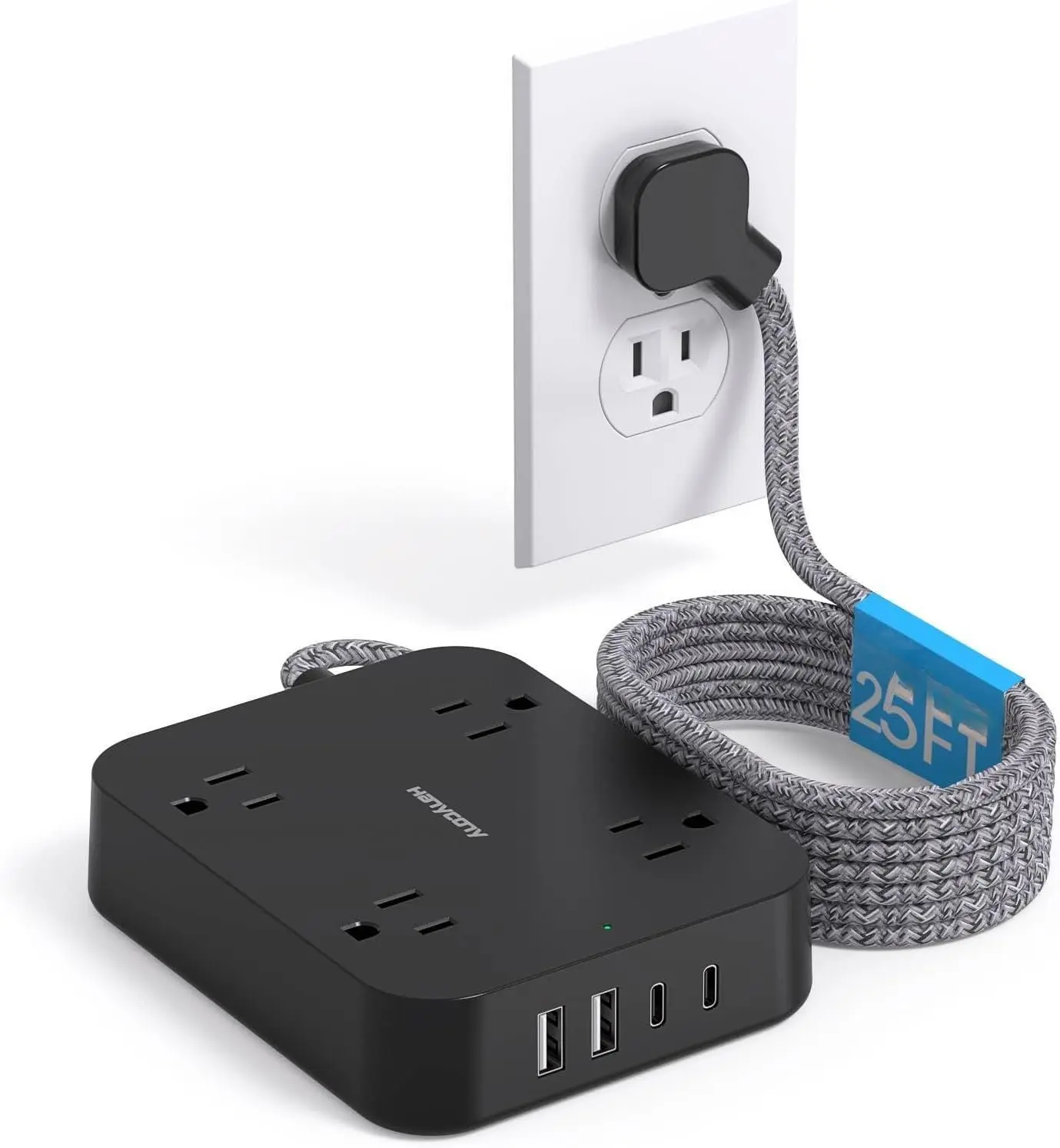 Black Extension Cord 25 Ft,  Ultra Thin Flat Plug Power Strip with 4 Outlets 4 USB Ports (2 USB C), Wall Mount, Desk  Station for Office, School, Travel and Dorm Room Essentials
