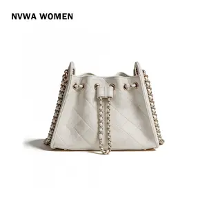 Women's Quilted Bucket Bag, Cream White Leather Design, Perfect Everyday Purse, Elegant Chain Handbag, All Seasons