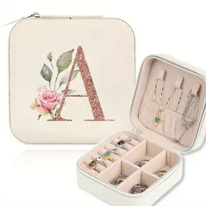 Women's Faux Leather Travel Jewelry Case - Personalized 26-Letter Initial A-Z Floral Jewelry Box, Waterproof Lightweight Synthetic Leather Zipper Organizer with Compartments for Rings, Earrings, Necklaces, Elegant Gift