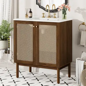 30-Inch Bathroom Vanity with Handwoven Bamboo Doors, MDF Cabinet & Soft-Close Design