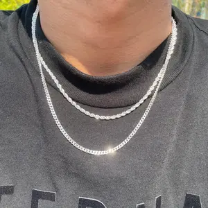Trendy 2Pcs 3mm Chain Necklace for Men Layered 14K Silver Plated Cuban Link Rope Necklaces Set Simple Jewelry