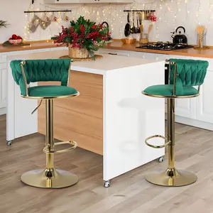 Set of 2 Green Velvet Counter Stools – Adjustable Height Bar Chairs with 360° Swivel, Low Backrest & Plush Cushion, Stylish Gold Base