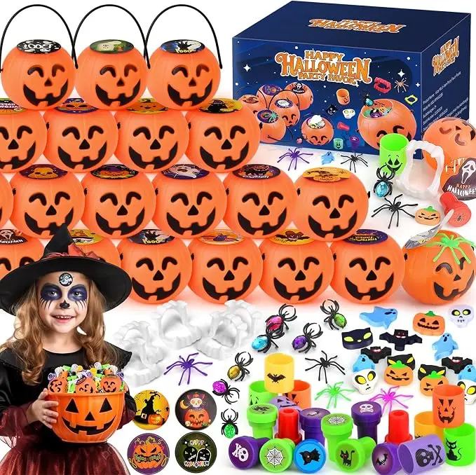 288PCS Halloween Party Favors for Kids, Mini Pumpkin Buckets with Halloween Toys, Prefilled Trick or Treat Goodie Bags, Plastic Pumpkin Pails, Classroom Prizes, Carnival Rewards, Halloween Gifts for Kids & Adults
