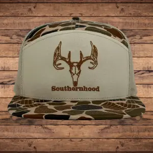 7 Panel, Duck Camo Hat, with Embroidered Deer Skull