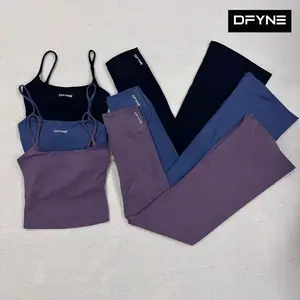 DFYNE Brushed Soft Yoga Tank Top & Micro Flare Pants 2-Piece Set Women - Beautiful Back Double Strap Vest Flat Waist Flared Leggings Outdoor Running Activewear