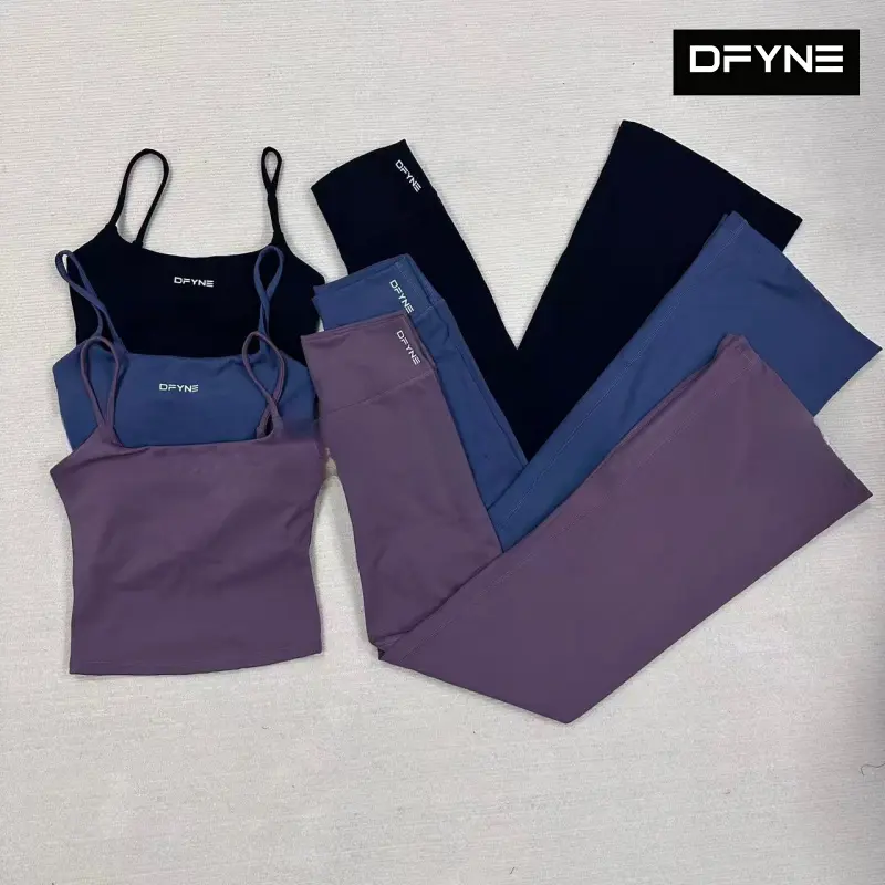 DFYNE Brushed Soft Yoga Tank Top & Micro Flare Pants 2-Piece Set Women - Beautiful Back Double Strap Vest Flat Waist Flared Leggings Outdoor Running Activewear