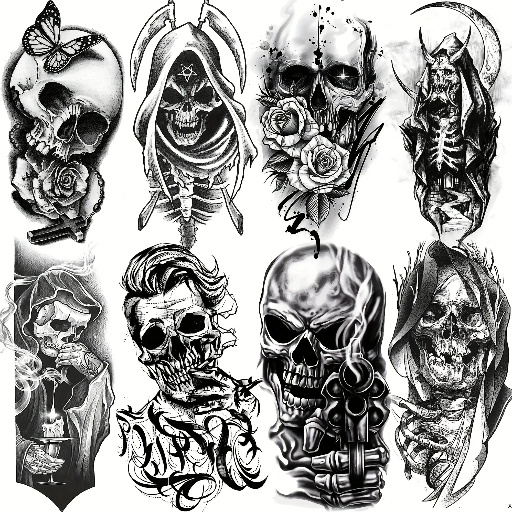 8pcs Large Halloween Realistic Death Skull Temporary Tattoos, Waterproof Fake Gothic Skeleton Tattoo Stickers, 8 Sheets, for Men Women Adults