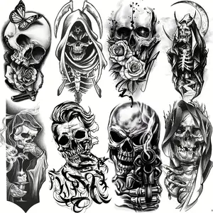 8pcs Large Halloween Realistic Death Skull Temporary Tattoos, Waterproof Fake Gothic Skeleton Tattoo Stickers, 8 Sheets, for Men Women Adults