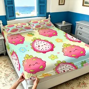 3PCS Vibrant Healing Cartoon Fruit Themed Fitted Sheet Set, Cute Kawaii Fun Bedding Decor, Elastic Wrap-Around Mattress Cover, Wrinkle Resistant, Non-Slip & Easy to Clean, Ideal Gift for Housewarming, Birthday & Christmas
