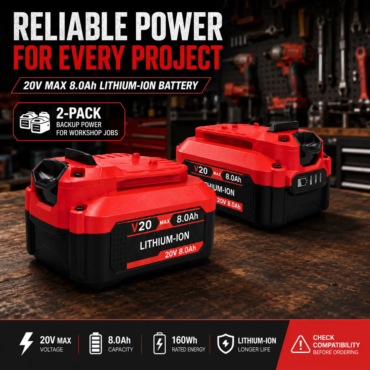 20V MAX 8.0Ah Lithium-Ion Replacement Battery Pack, 3-Level Power Indicator, Rechargeable Slide-On Battery for Selected Cordless Tools