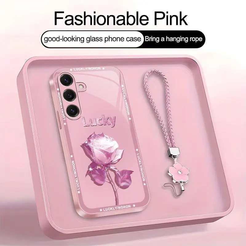 Suitable for [Galaxy S25] high-end women's phone case🤩，a beautiful four-leaf clover lanyard is included🍀，exquisite and sophisticated rose pattern, a phone case that brings you good luck YM99