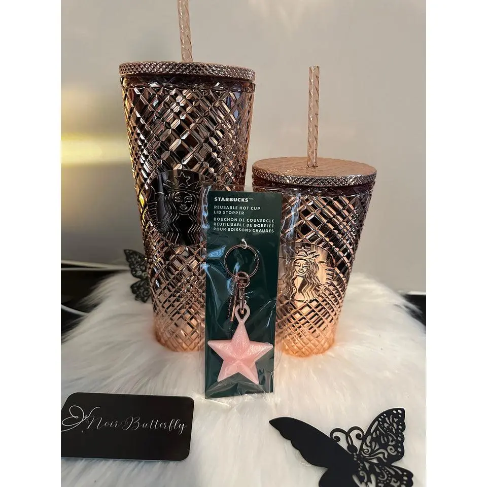 2023 Christmas Collection AUTHENTIC NEW STARBUCKS Rose Gold Jeweled Cold Cup Tumbler Set with Star Stopper**Limited Edition Holiday Tumbler*