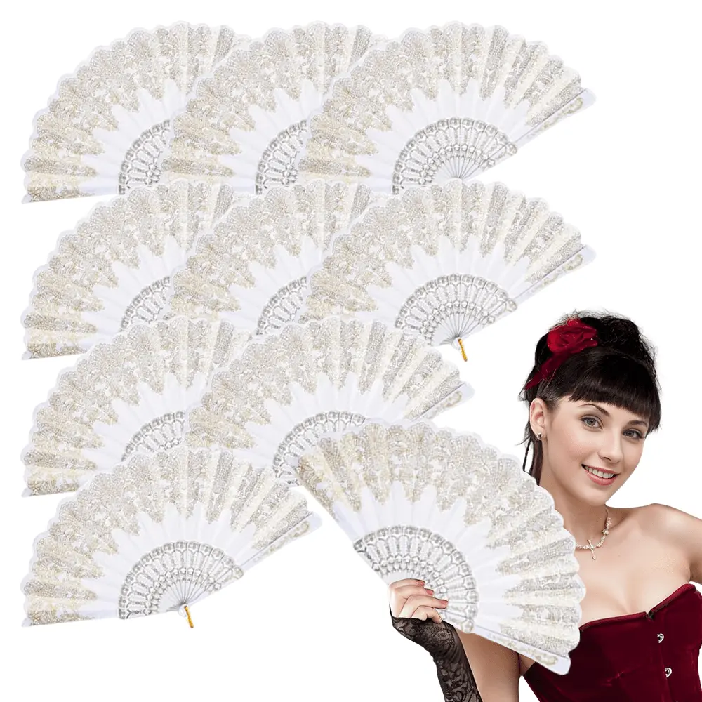 10PCS White Women's Hand Fan,Foldable Vintage Decorative Fan, Bridal Photo Prop, Wedding Favor, Suitable for Weddings, Dance, Theme Parties, Festivals