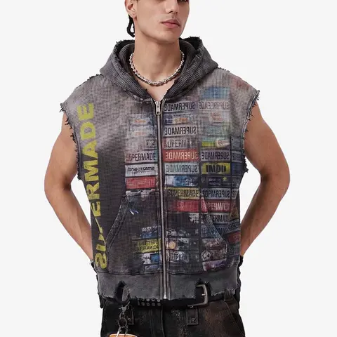 Supermade Waffle Knit Distressed Sleeveless Zip Hoodie | Multi-Label Graphic Streetwear Vest Men