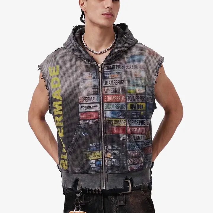 Supermade Waffle Knit Distressed Sleeveless Zip Hoodie | Multi-Label Graphic Streetwear Vest Men