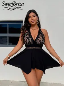 Briza｜Halter Lace Mesh Skirted Black One Piece Swimsuit, Plus Size Swimsuits And Plus Size Swimwear With Flowy Skirt, A Flattering Swimsuit For Women, Women'S Swimsuits, Bathing Suits For Women And Cute Swimsuits For Women, Beach Ready