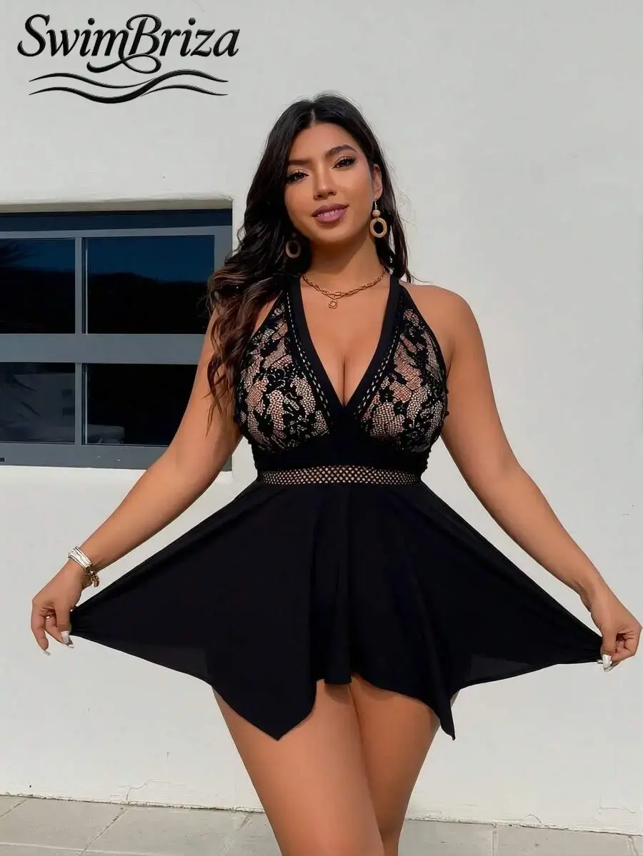 Briza｜Halter Lace Mesh Skirted Black One Piece Swimsuit, Plus Size Swimsuits And Plus Size Swimwear With Flowy Skirt, A Flattering Swimsuit For Women, Women'S Swimsuits, Bathing Suits For Women And Cute Swimsuits For Women, Beach Ready