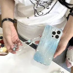 Meteor Blue Gradient Star Phone Case with Chain for iPhone 11 12 13 14 15 16 pro max