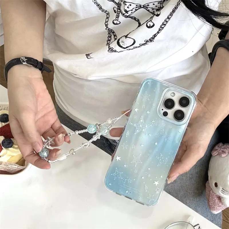 Meteor Blue Gradient Star Protective Phone Case Cover with Chain for iPhone 11 12 13 14 15 16 pro max