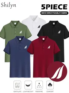 5-Pack Men's Fashion Business Casual Polo Shirts, Slim Fit, Mixed Colors, Breathable, Fabric, All-Season, Polyester Material, Ideal Gift for Men