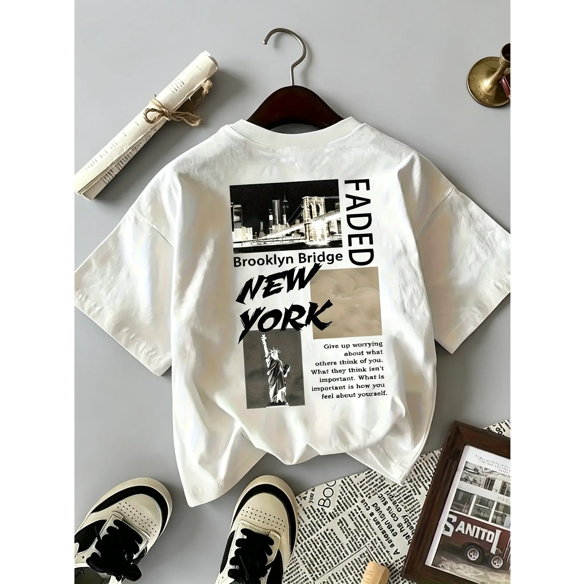 Women'S "Faded New York" Graphic T-Shirt - Casual Crew Neck, Short Sleeve, Regular Length, All-Season Streetwear with Brooklyn Bridge & NYC Skyline Print, Casual Streetwear |   Graphic Print Tee |   Comfortable Fit White Crewneck Womenswear