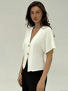 A women's white gold buckle V-neck short sleeved chiffon shirt with gold buckle decoration to enhance texture, V-neck design to highlight neck, suitable for commuting to work, shopping and outdoor wear