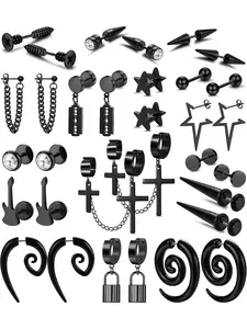 Punk 16 Pairs Black Stylish Hoops Stud Earrings Stainless Steel Alloy Acrylic Earrings for Women Men Y2K Punk Hoop Dangle Earrings Emo Goth Chains Cross Guitar Lock Barbell Star Screw Cone Flame Stud Earrings Punk Style Earrings Ear Studs