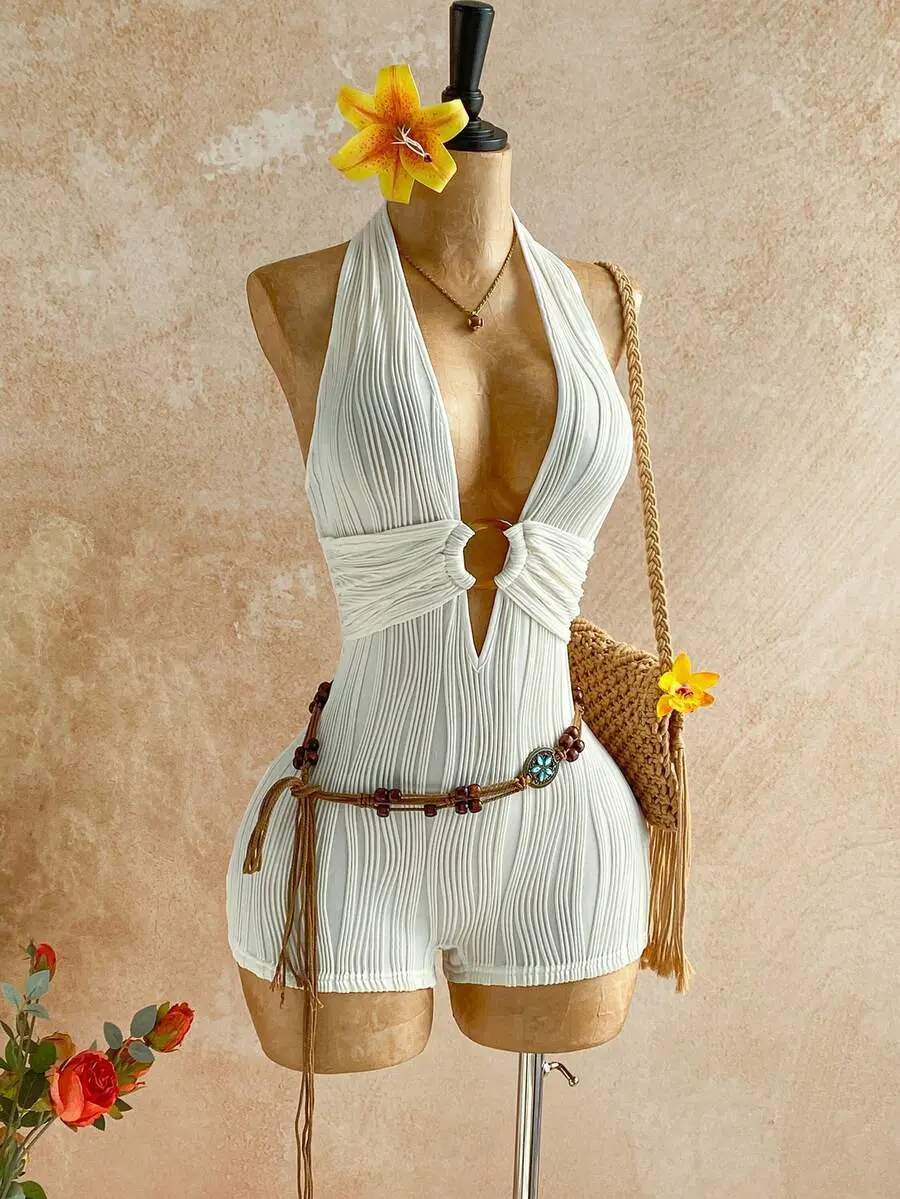Womens White Textured Knit Backless Jumpsuit – Elegant Round Ring Detail Romper, Sexy Slim Fit Bodysuit, Vacation & Party Outfit, Halloween & Christmas Costume-Inspired Womens Romper
