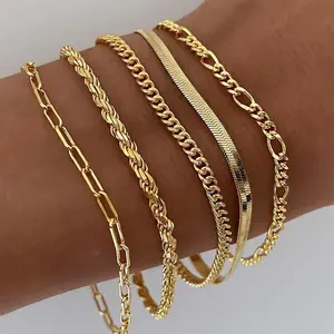 Women Trendy Thin Dainty Stackable Cuban Link Paperclip Chain Bracelet Jewelry Set of 5, Fashion Accessories Gifts for Women Maximalist Jewelry